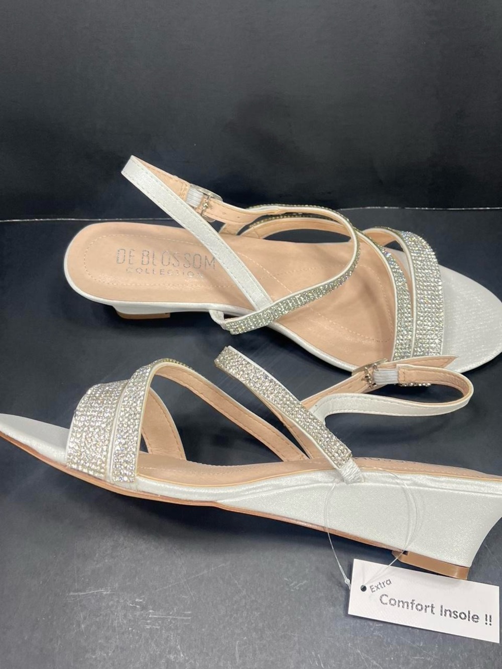 De Blossom Collection Silver Rhinestone Strappy Low Wedge Sandals new size 8.5